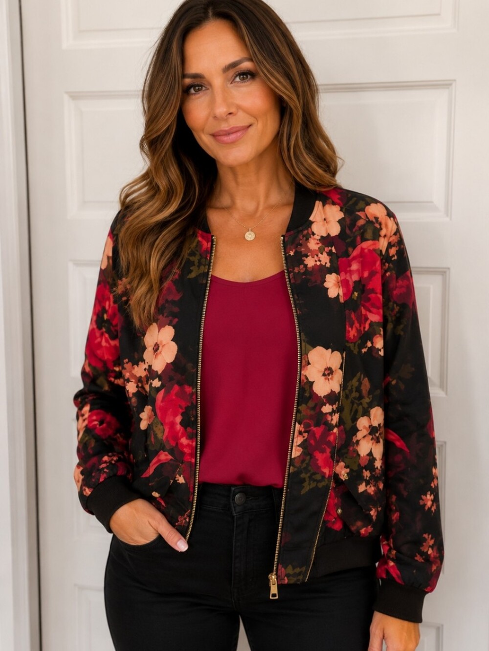 Sale! Susan Graver Black Floral Bomber Jacket with Red Lining